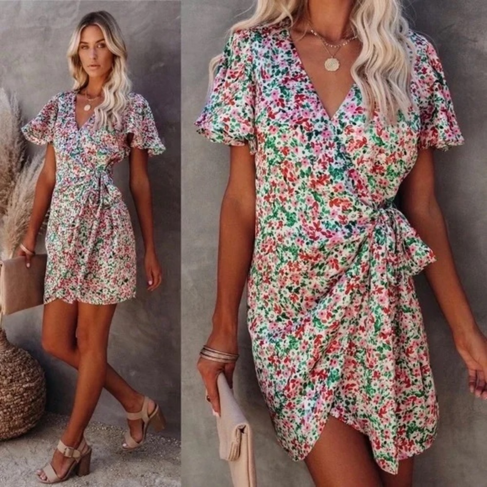 Vici Essence Floral Satin Wrap Dress